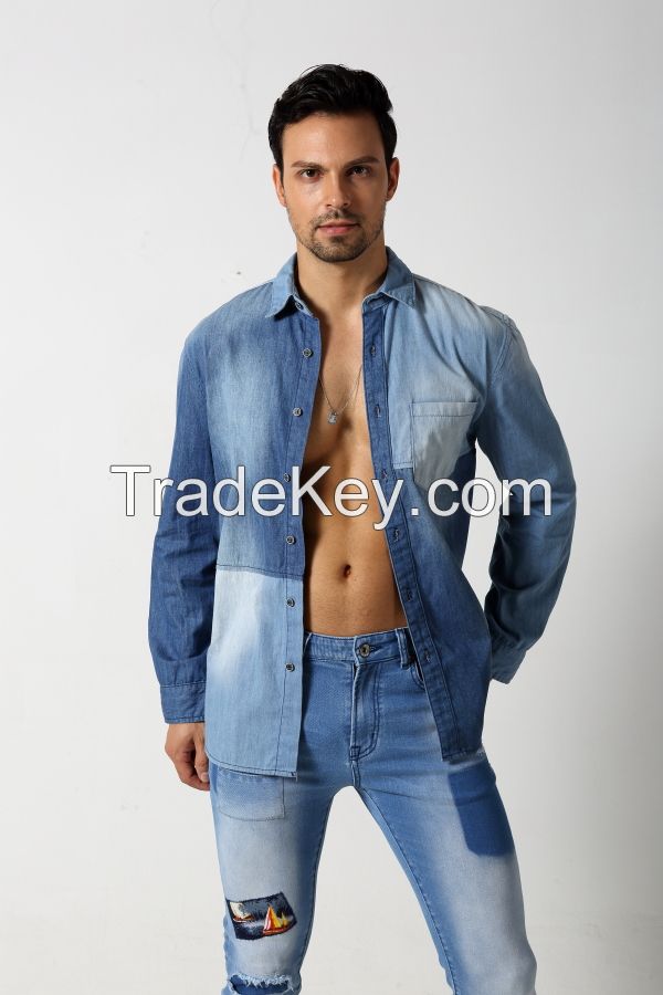 Men's double colors denim shirt with single pocket