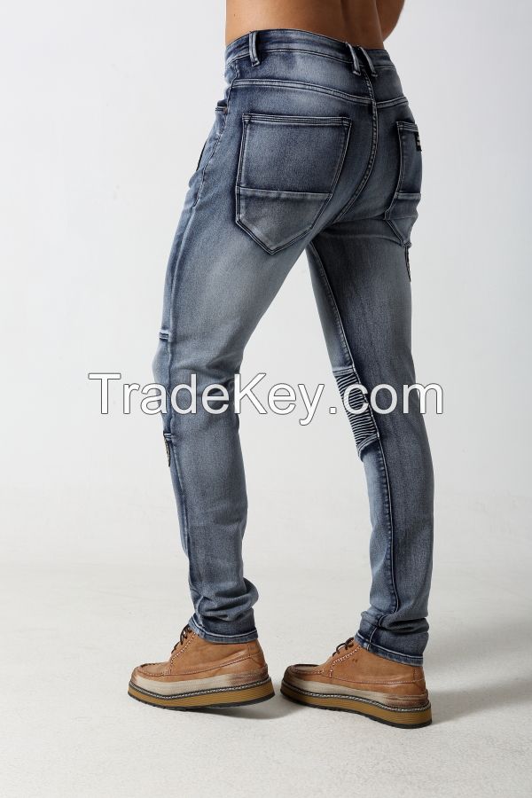 Men's Skinny biker jeans with zipper and patches