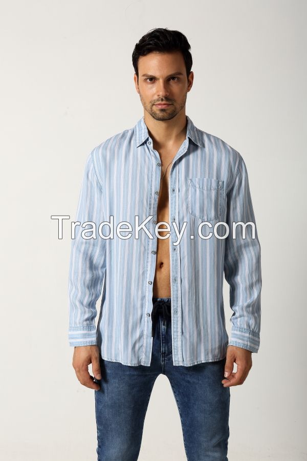 Men's cotton stripes shirt with single pocket