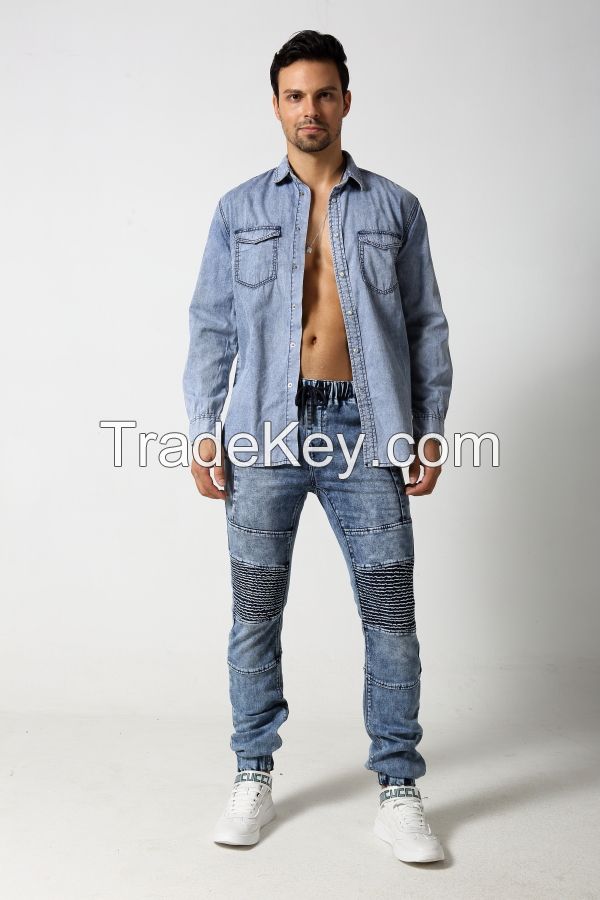 Men's fashion slim denim shirt with two pockets