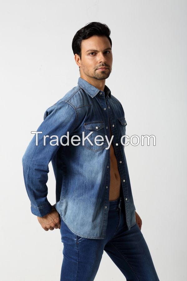 Men's middle blue slim denim shirt with two pocket