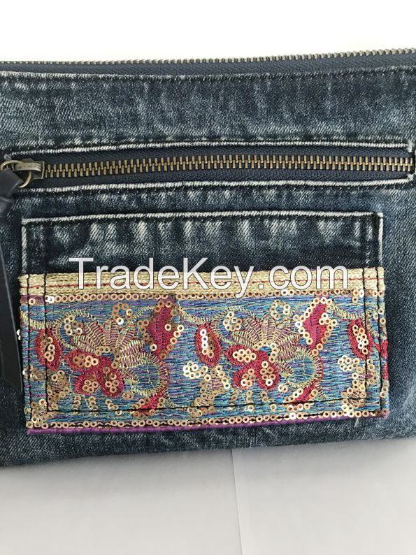 Embellished denim washed handbag