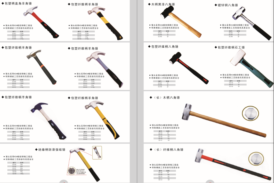 Claw hammer, hoe, shovel,pickaxe, machete,rake 