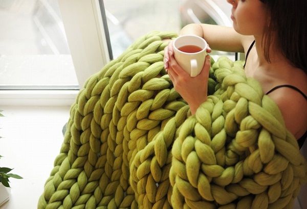 100% Merino Wool Chunky Knit Carpet, Arm Handmade Knitting Baby Throw Blanket