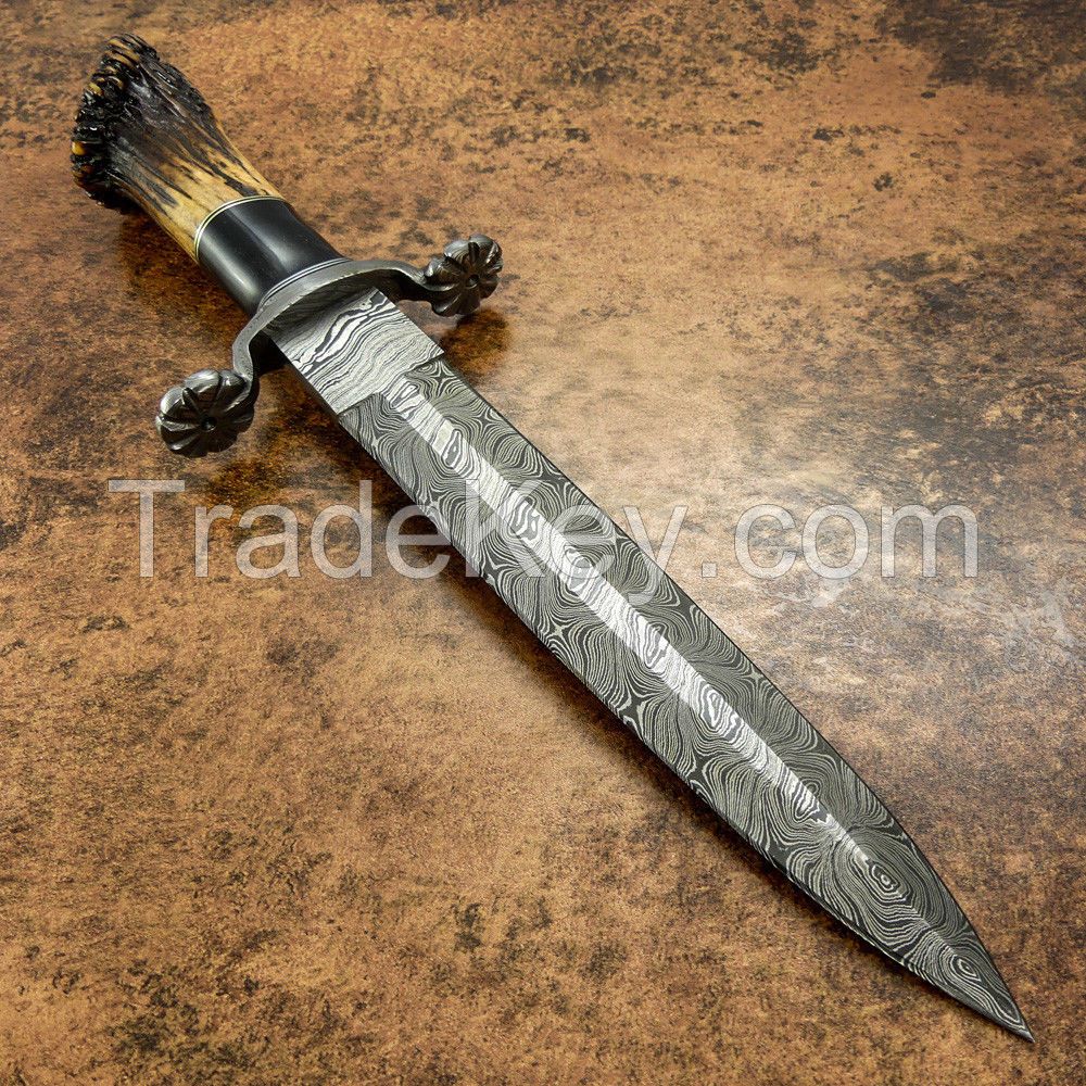 CUTLERY RARE CUSTOM ART DAMASCUS DAGGER KNIFE CROWN ANTLER HANDLE