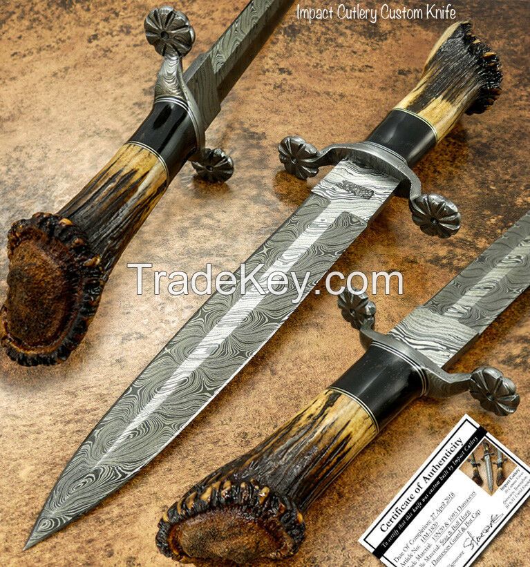 CUTLERY RARE CUSTOM ART DAMASCUS DAGGER KNIFE CROWN ANTLER HANDLE