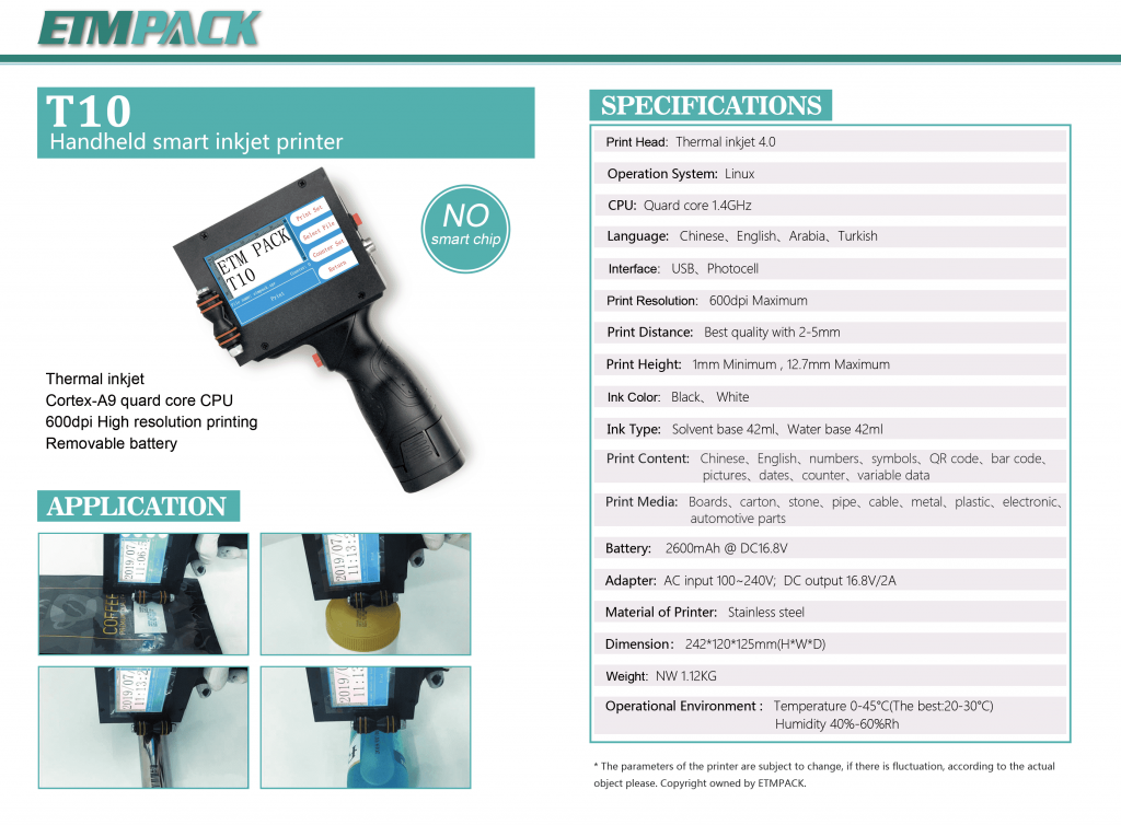 Industrial smart quick dry solvent portable handheld inkjet printer