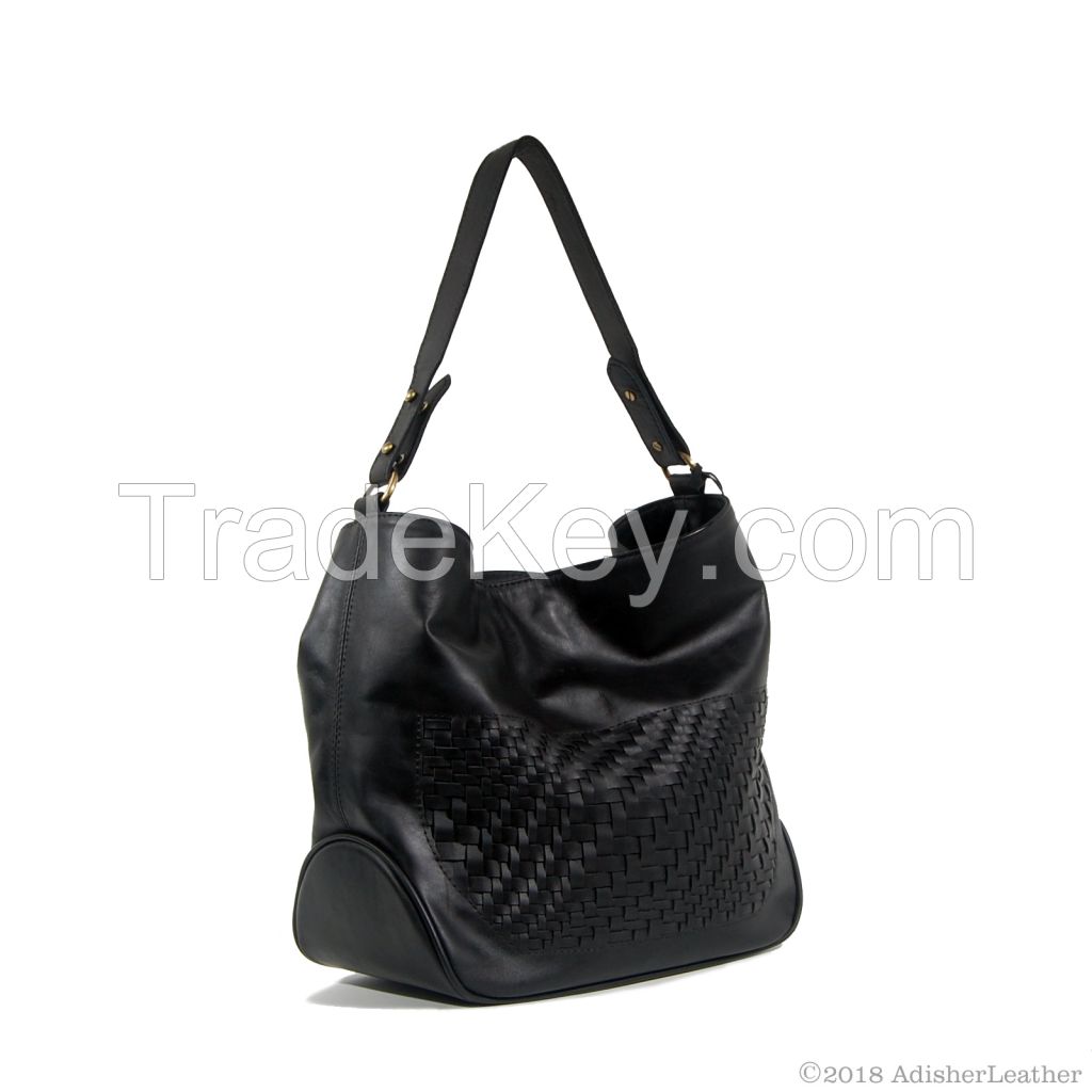 Large Hobo Bag Black Colour Woven Leather Handmade For Woman