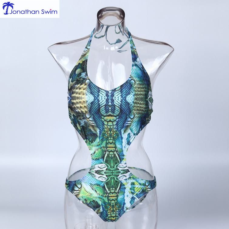 High fashion OEM 2019 snake print plus size one piece swimwear beachwe