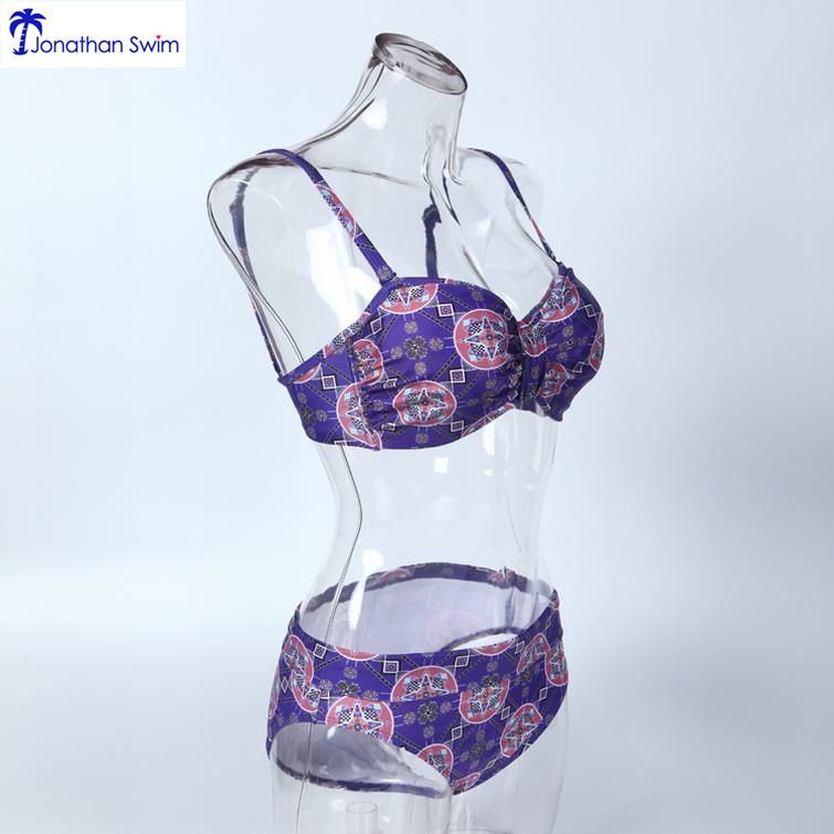 Printed two pieces plus size high waist women swimsuit bikini top and