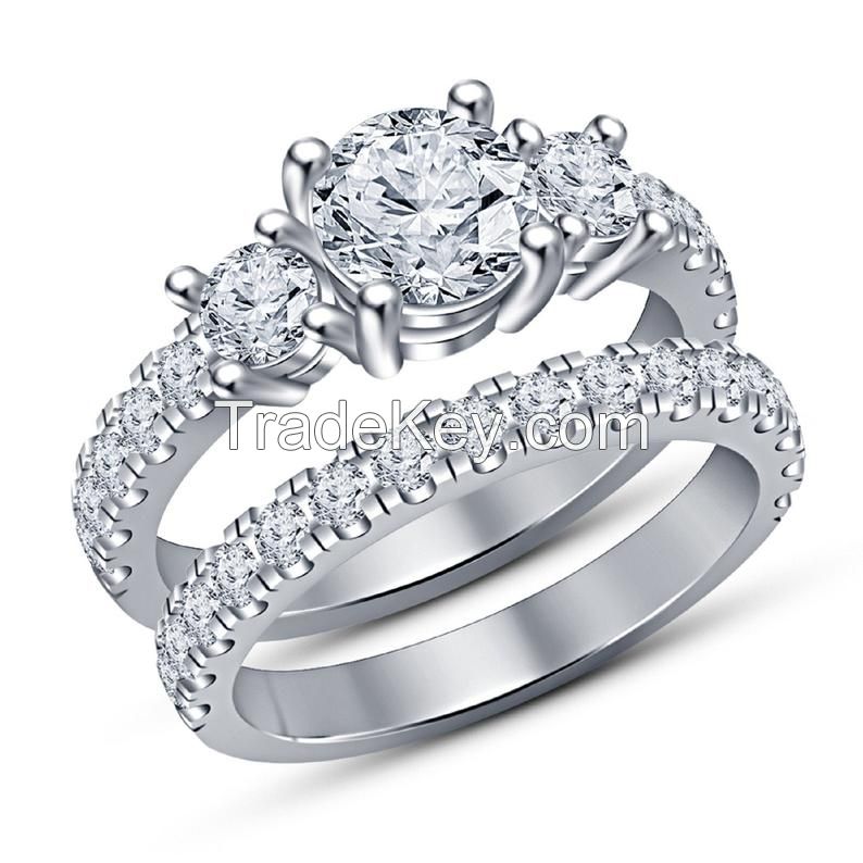 925 Silver Round Cut Diamond Three Stone Engagement Ring Wedding Bridal Set Womens 14k White Gold Finish
