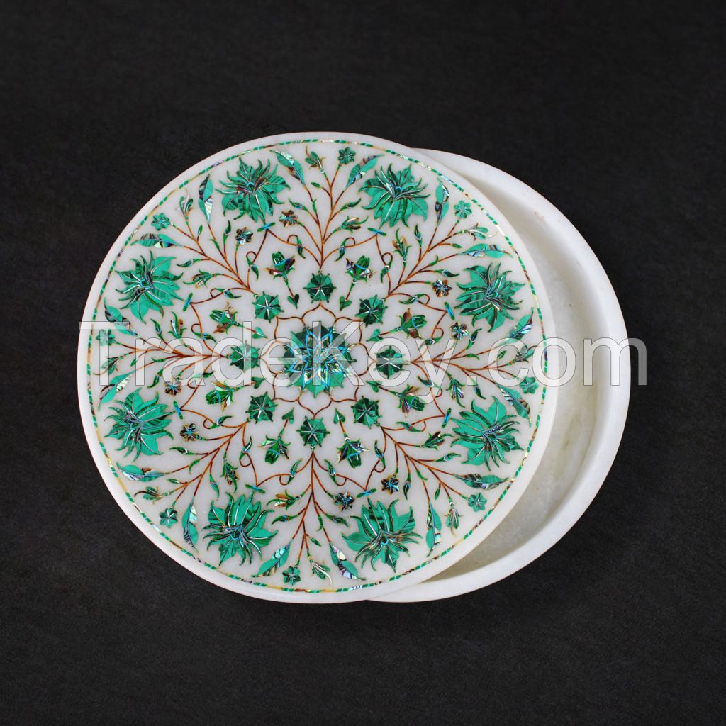 HANDCRAFTED ROUND MARBLE BOX INLAY WITH SEMI PRECIOUS STONE