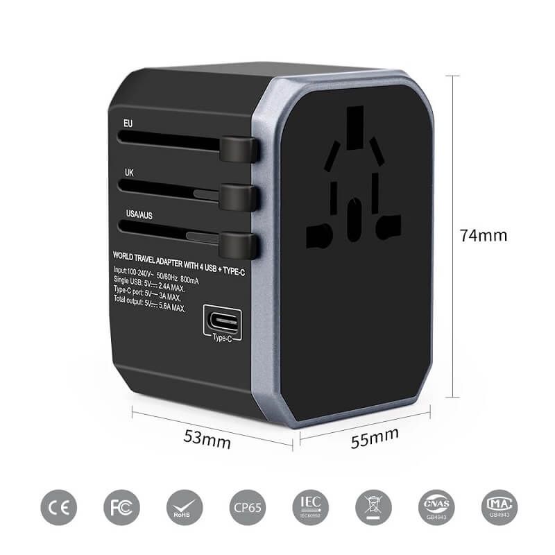 2019 Newest Universal Travel Charger Electrical Smart USB Adapter Type-C port and 4 USB with UK US AU EU Plug Adaptor