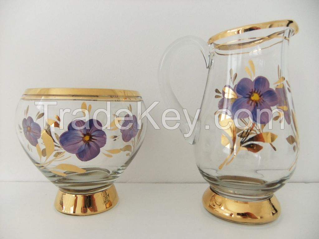 Glass Jug and Bowl with Gold Rim