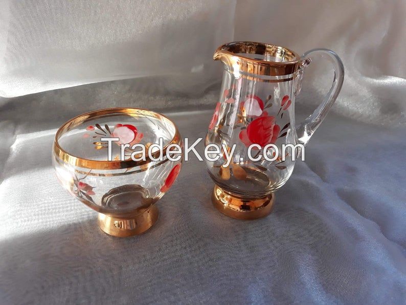 Glass Jug and Bowl with Gold Rim