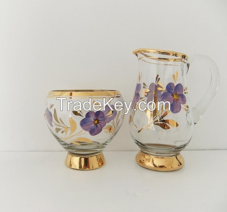 Glass Jug and Bowl with Gold Rim