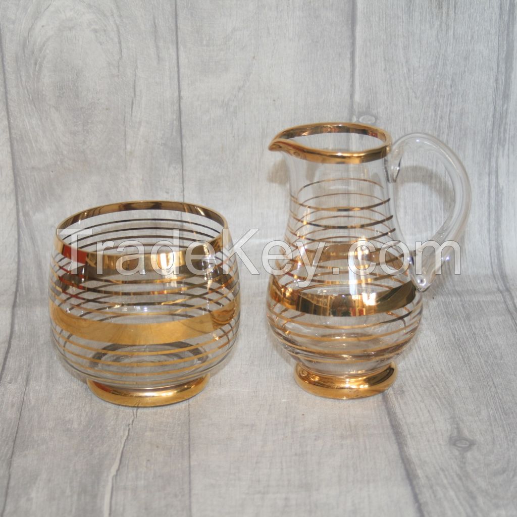 Glass Jug and Bowl with Gold Rim