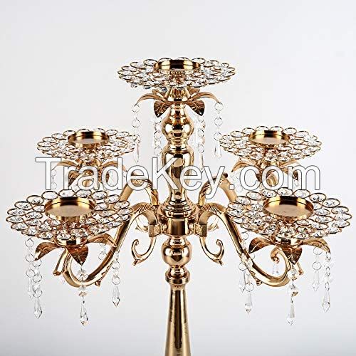 5 arms Candle Holders Metal Candelabras Gold Delicate Candlesticks with Crystal Pendants Wedding