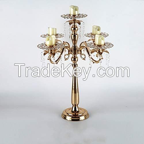 5 arms Candle Holders Metal Candelabras Gold Delicate Candlesticks with Crystal Pendants Wedding 