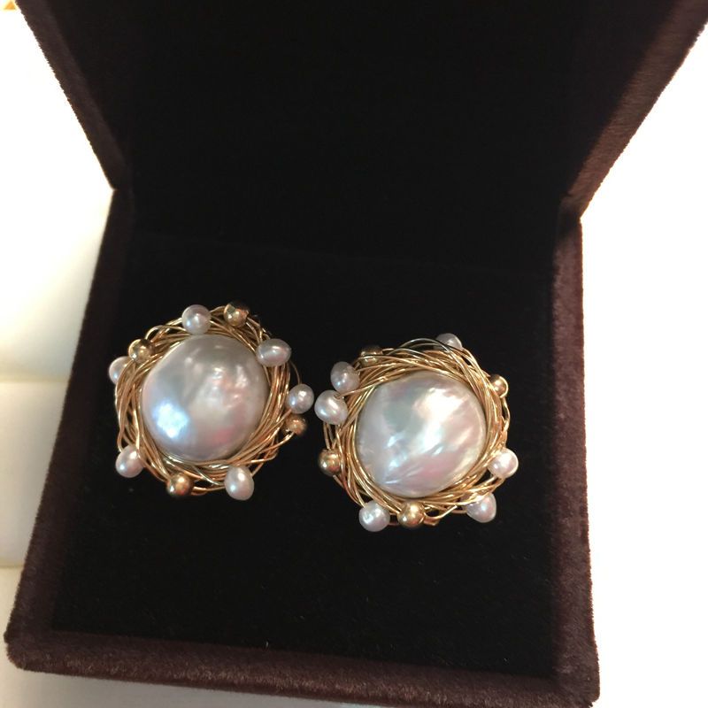 Private Custom Baroque pearl Earrings Hand woven new 9K GOLD WIRE Ear Studs