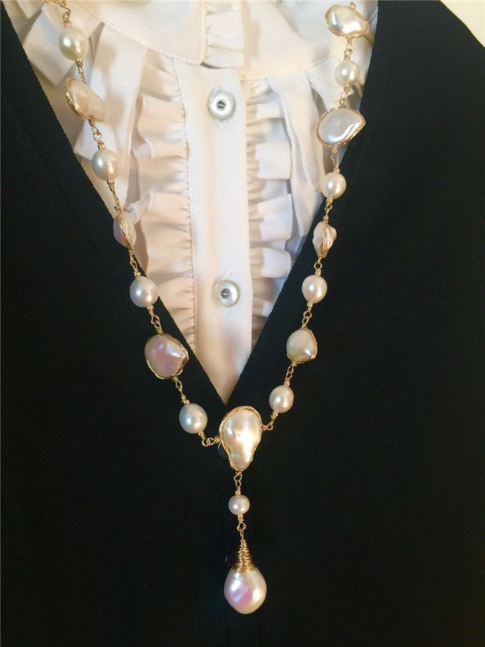 Private Custom Baroque pearl Sweater Chain Hand woven new 9K GOLD WIRE Long Necklace