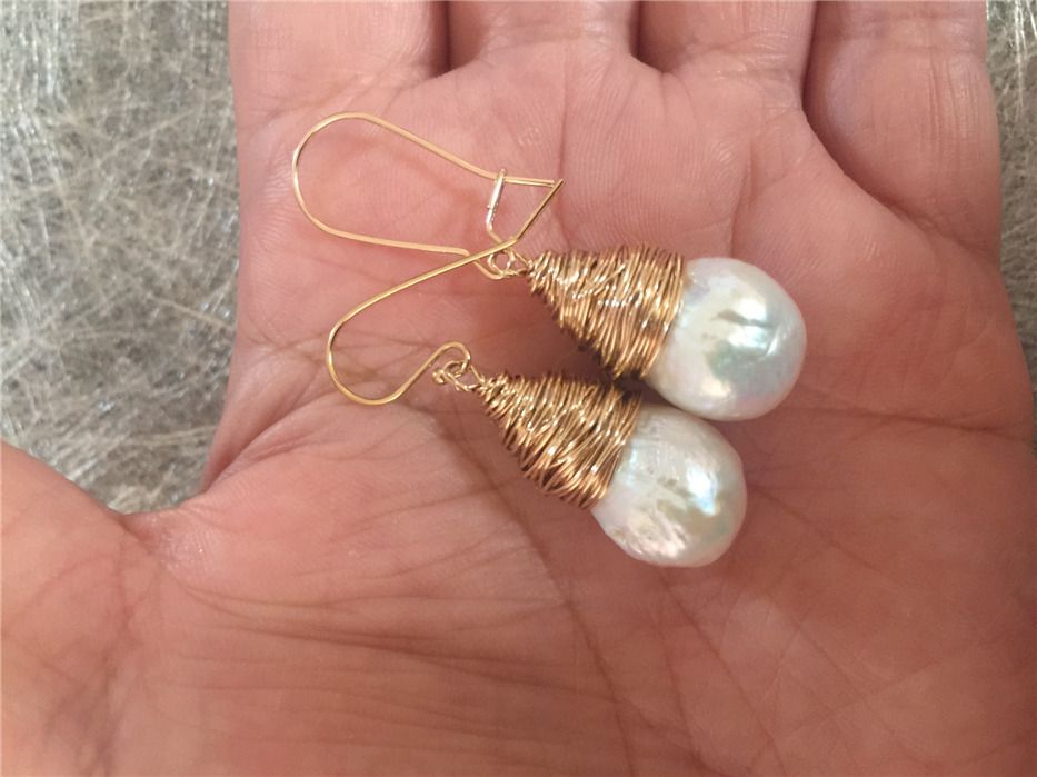 Baroque pearl Drop Earrings Hand woven new 9K GOLD Dangle Studs earring