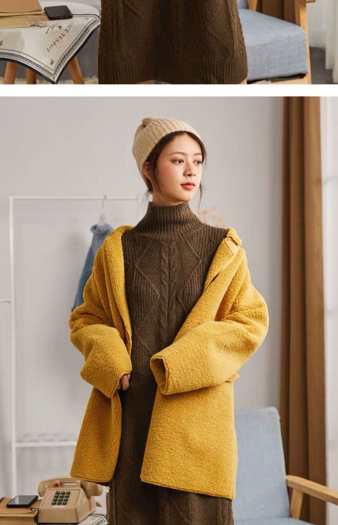 Tang Shi 2019 Winter New Dress Half High Collar Mahua Retro Long Hair