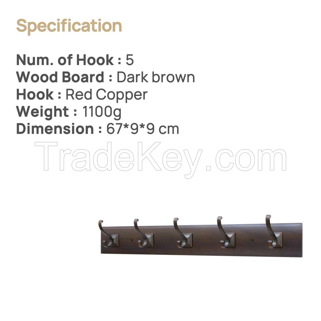 Greatim GT-CH009 Trench Coat Rack, 5 Double Prong/ Red Copper Hooks