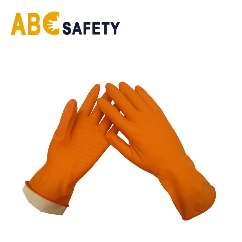 Flock lined orange latex rubber long cuff cleaning household gloves