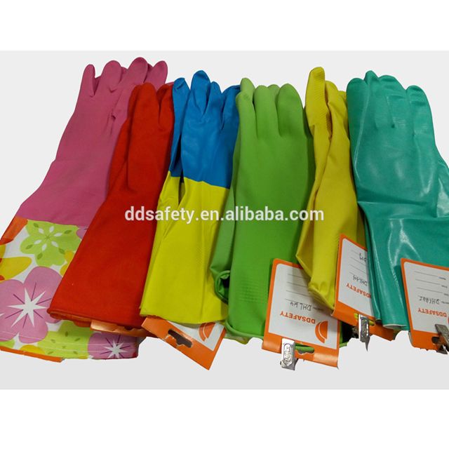 Colored Green Cleaning Dipped Flock lined Rubber Latex Household Gloves