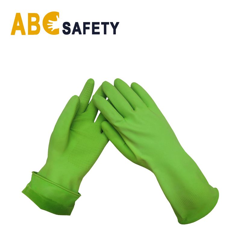 Colored Green Cleaning Dipped Flock lined Rubber Latex Household Gloves