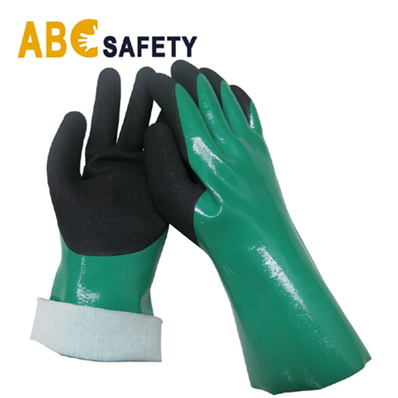Green PVC full dipped Black nitrile sandy double dipped chemical resistant glove