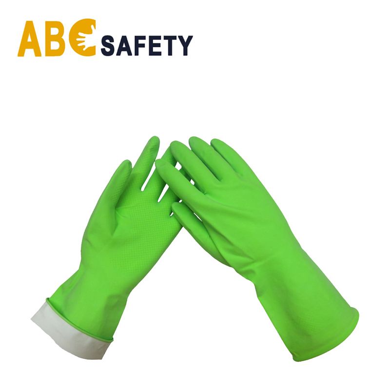 Long sleeve green color flock lined latex household gloves for cleaning washing dishes