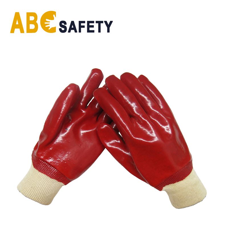 Professional chemical resistant cotton interlock full coated red PVC with knitted wrist glove