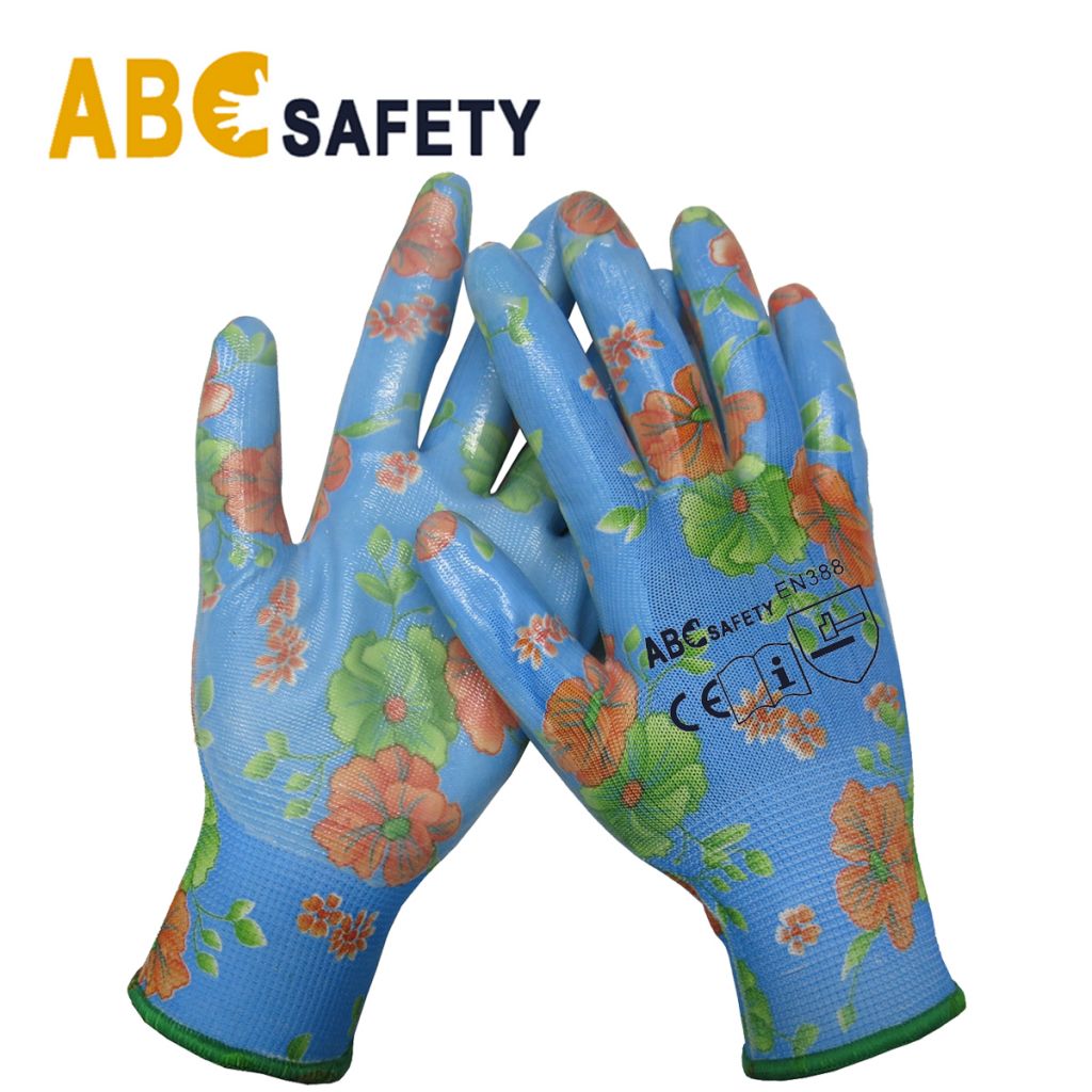 13 gauge polyester flower print nitrile coated garden work glove