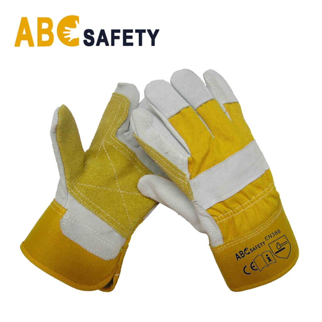 Yellow Reinforced Palm Cow Split Leather Safety Gloves for Working