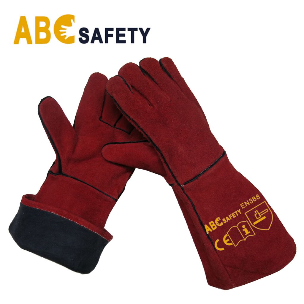 AB Grade 16" Red Cow Split Leather Welder Gloves With Two Pieces Back