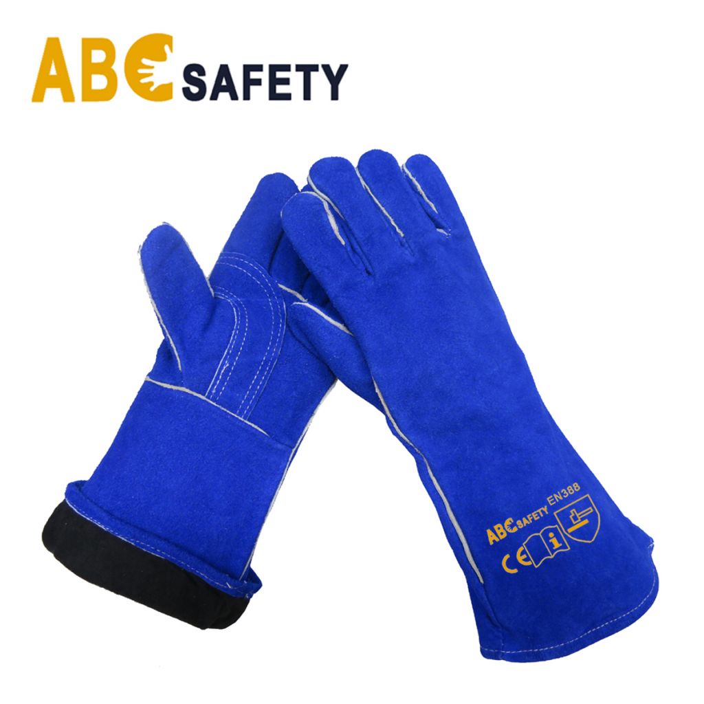 AB Grade 14" Blue Cow Split Leather Work Gloves With Reinforced Palm