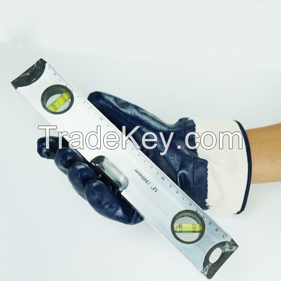 Exporting 77+ countries Canvas safety cuff Smooth heavy Blue Nitrile coating Fully dipped thumb mining oil resistant glove