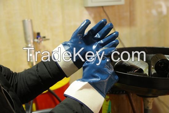 Exporting 77+ countries Canvas safety cuff Smooth heavy Blue Nitrile coating Fully dipped thumb mining oil resistant glove