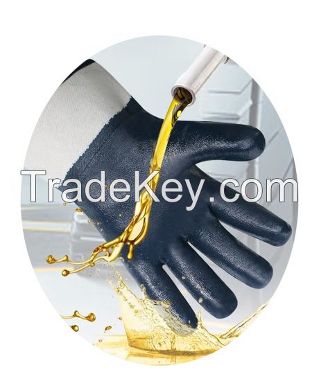 Exporting 77+ countries Canvas safety cuff Smooth heavy Blue Nitrile coating Fully dipped thumb mining oil resistant glove
