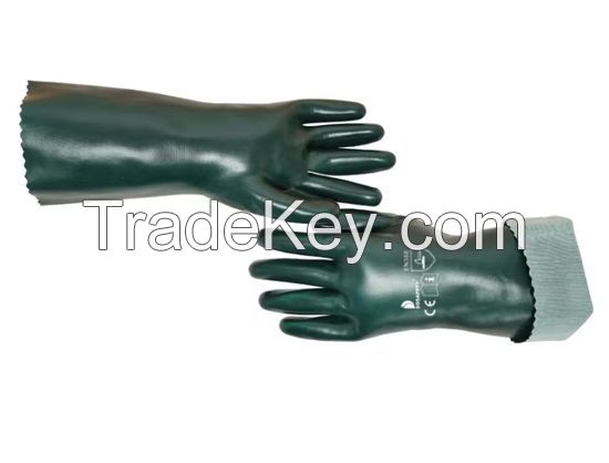 DDsafety CE/ISO standards,35cm Dark green Smooth Fully Dipped PVC Gloves Chemical Resistant Cheap Industrial polyester/cotton Lined