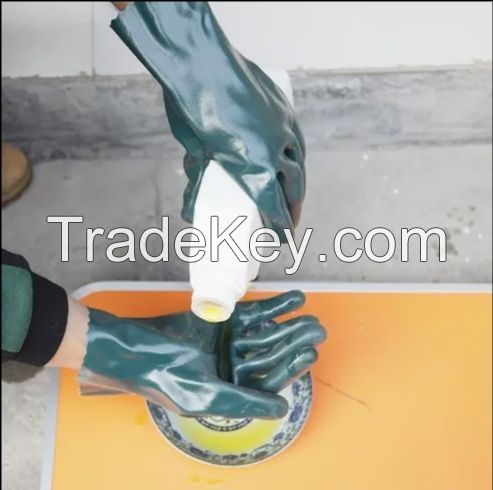 DDsafety CE/ISO standards,35cm Dark green Smooth Fully Dipped PVC Gloves Chemical Resistant Cheap Industrial polyester/cotton Lined