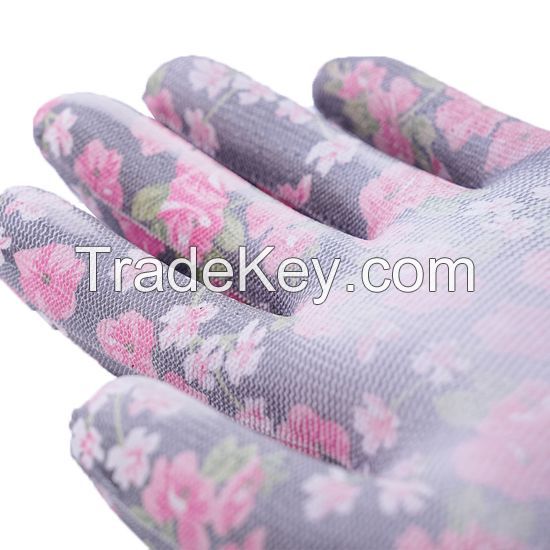 DDsafety 13 Gauge Red Flower Design Nylon Liner. Knit Wrist. White PU Coated on Palm/Finger Non-Slip Glove OEM products CE/ISO standards