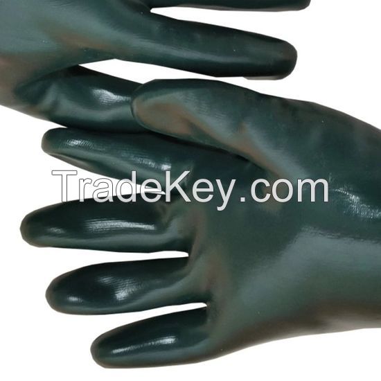 DDsafety CE/ISO standards,35cm Dark green Smooth Fully Dipped PVC Gloves Chemical Resistant Cheap Industrial polyester/cotton Lined