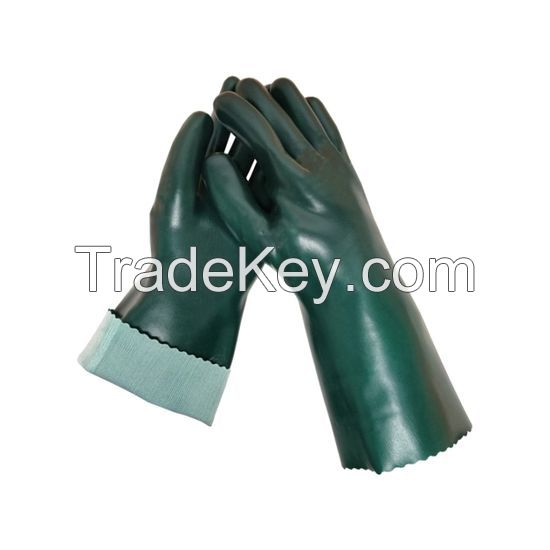 DDsafety CE/ISO standards,35cm Dark green Smooth Fully Dipped PVC Gloves Chemical Resistant Cheap Industrial polyester/cotton Lined