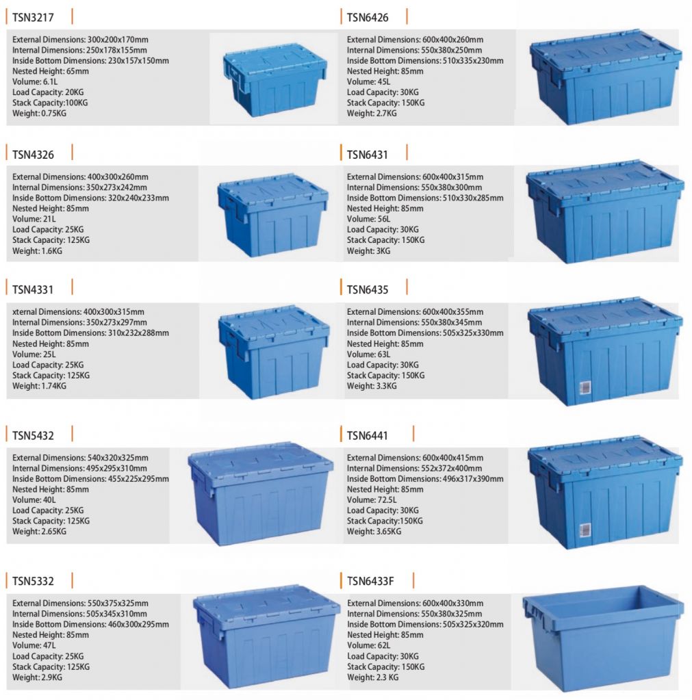 [All Dimensions Available] Attached-Lid Nestable Crates / Container