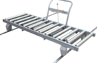 Heavy duty double-row roller conveyor trolley with side handle for moving goods around low level conveyor 