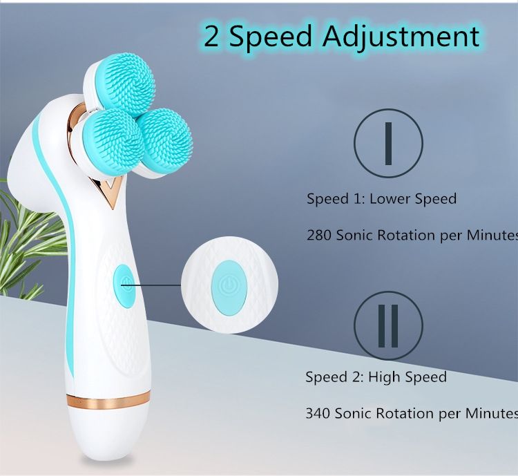 3 In1 Powered Sonic Facial Brush 3 Wheels Rotating Head Waterproof Pore Cleaning Ae-878 Spa Massager