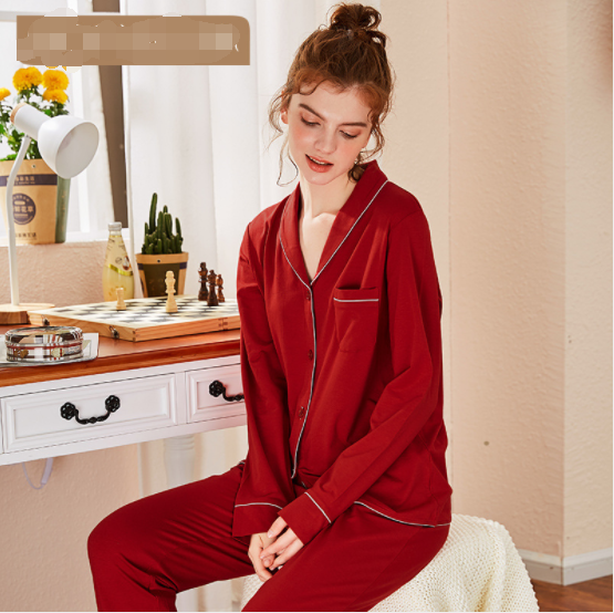 2020 Autumn New Bamboo Fiber V-neck Long-sleeved Trousers Couple Ladies Pajamas Set